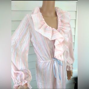 Vintage 70s Ruffle Front Striped Long Sleeve Dress with Drawstring Waist